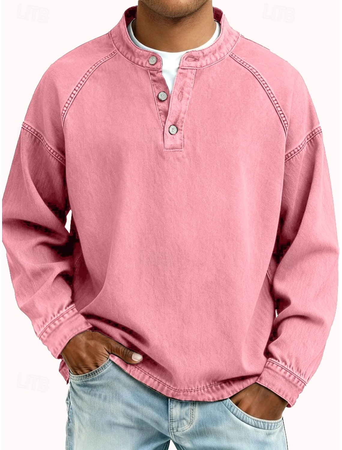 Men's T Shirt Henley Shirt 100% Cotton Acid Wash Shirt Tee Top Long Sleeve Plain Vintage Streetwear Casual Washed Raglan Sleeves Stand Collar Henley Casual Home Street Spring Fall Fall & Winter Black