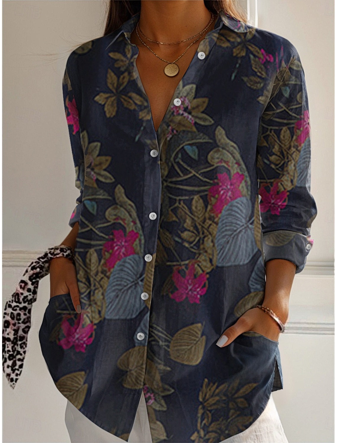 100%cotton Boho Shirt Women's Royal Blue Purple Khaki Toile Floral Print Pocket Home Party Elegant Neutral Daily Shirt Collar Loose Fit S