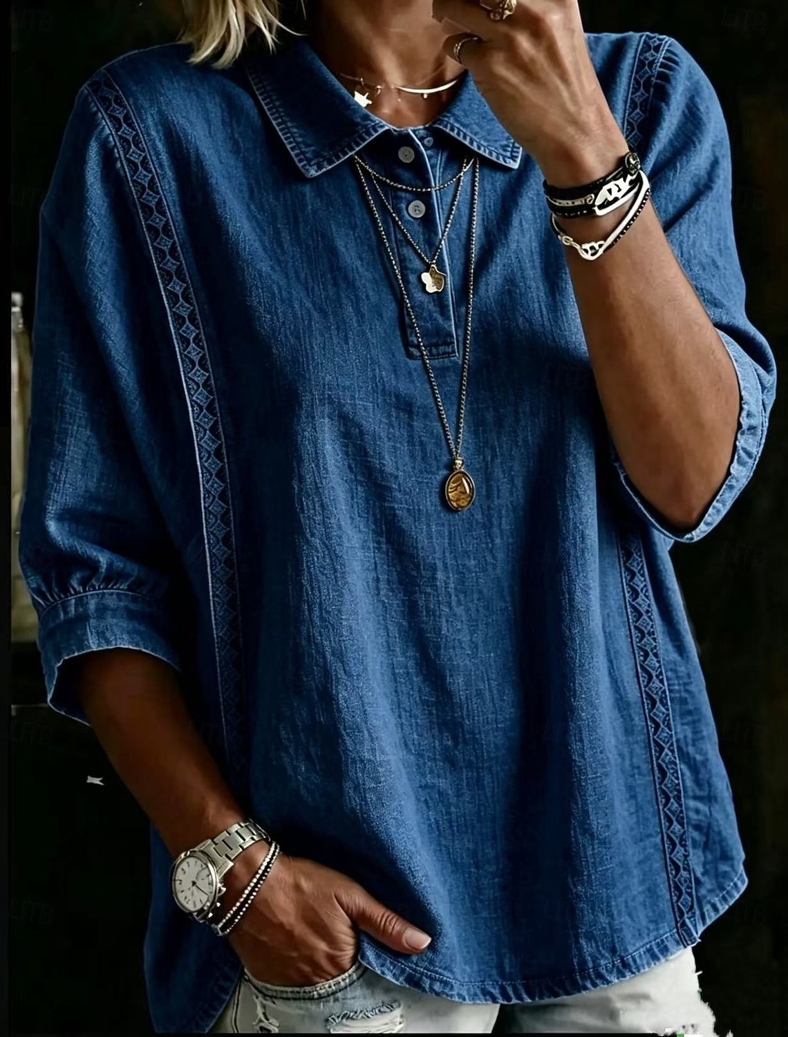Women's Polo Shirts Blouse Lace Tops Plain Bohemia 3/4 Length Sleeve Lapel Regular Tops Light Blue White Pink Royal Blue Sky Blue Summer Spring