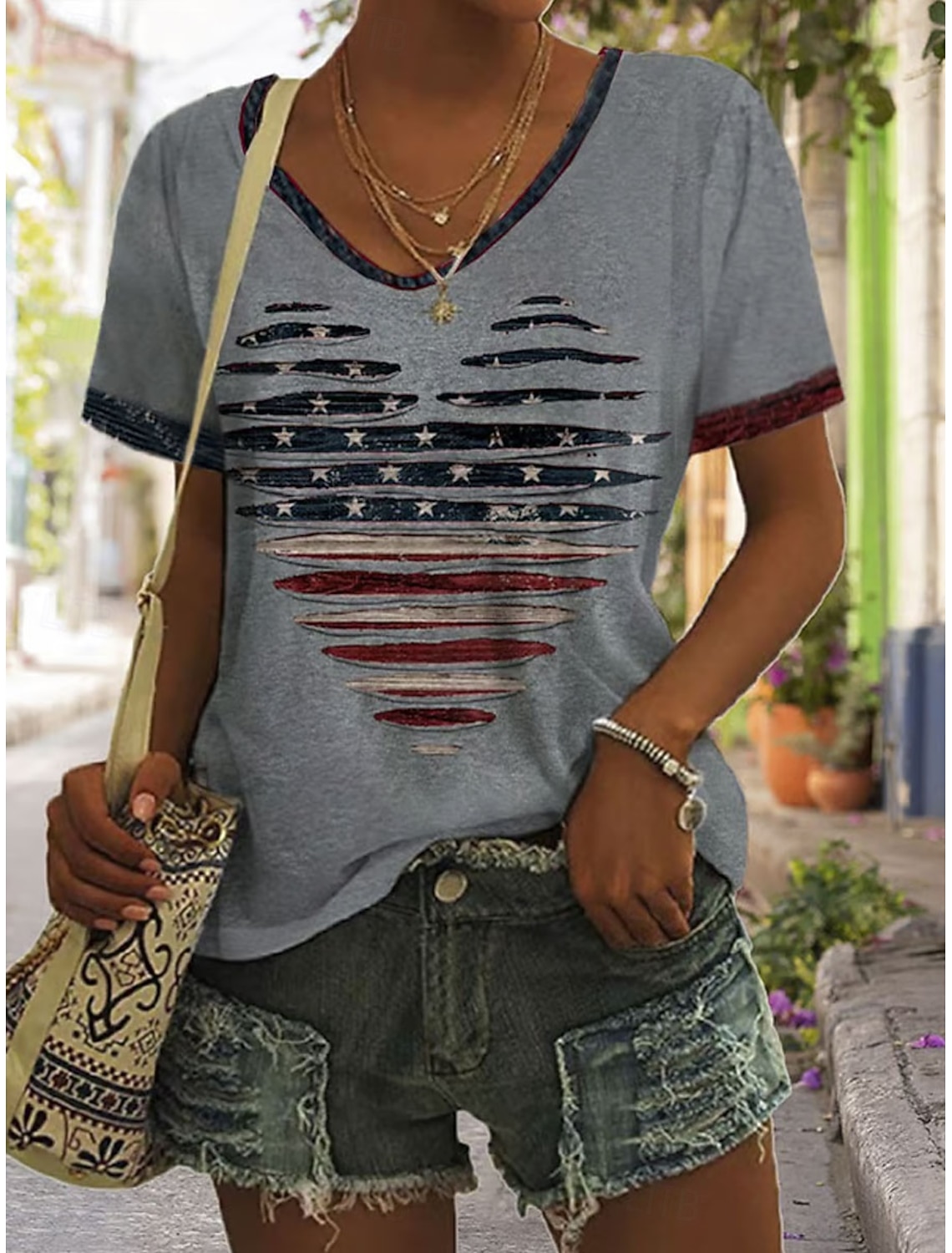 American Independence Day Women's T Shirt Print Graphic Letter American Flag Stylish Classic Casual Short Sleeve V Neck Regular Tops Casual Daily Blue White Gray Summer Spring