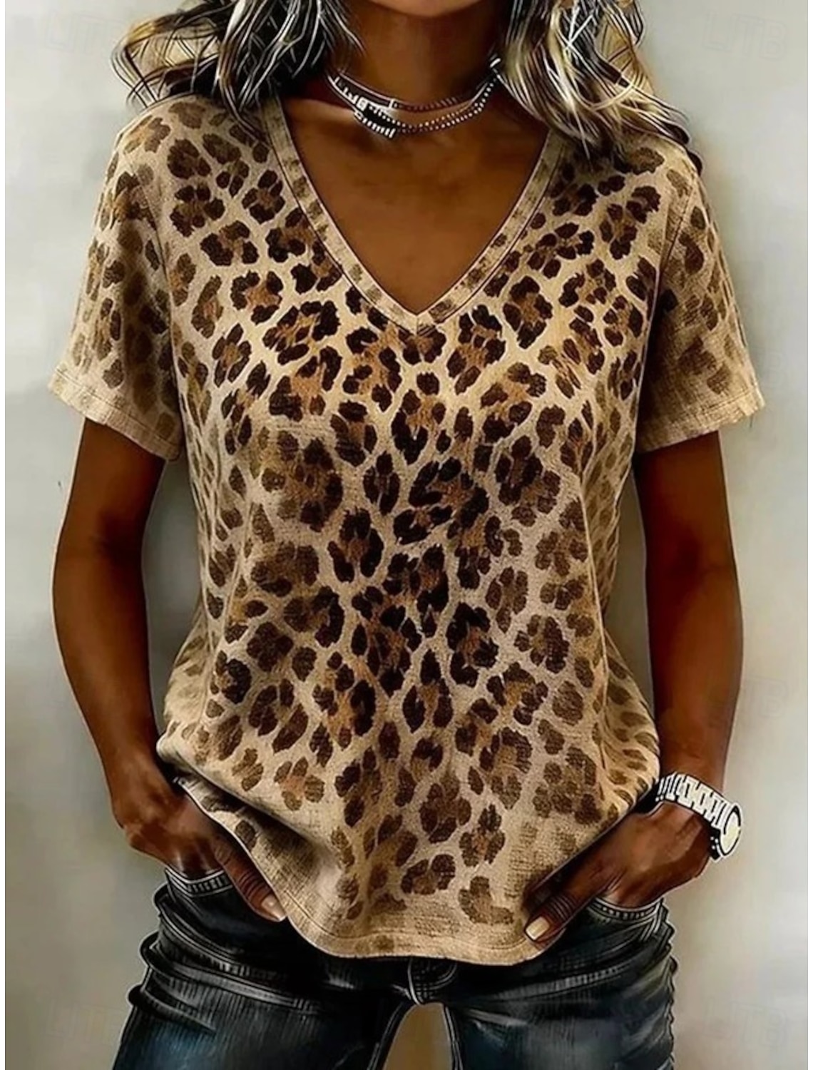 Women's T Shirt Print Graphic Leopard Stylish Classic Casual Short Sleeve V Neck Regular Tops Daily Blue Pink Light Purple Khaki Light Blue Summer Spring