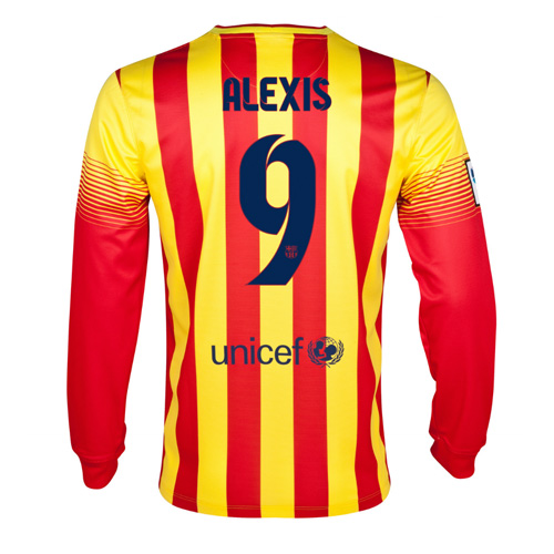 13-14 Barcelona 9 Alexis Away Long Sleeve Soccer Jersey Shirt -