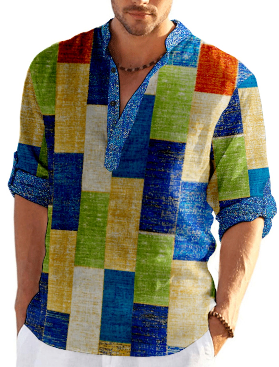 Men's Plaid / Check Patchwork Geometric Pattern Shirt Button Up Shirt Long Sleeve Fashion Streetwear Designer Casual Going out Summer Spring Fall Stand Collar Print Blue Khaki Khaki+Khaki Black White