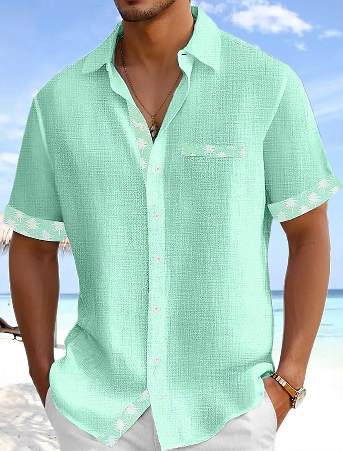 Men's Coconut Tree Tropical Plants Summer Hawaiian Shirt Button Up Shirt Aloha Shirt Short Sleeve Hawaiian Vacation Holiday Beach Wear Summer Turndown 3D Print Front One Pocket Linen Like Shirt Blue