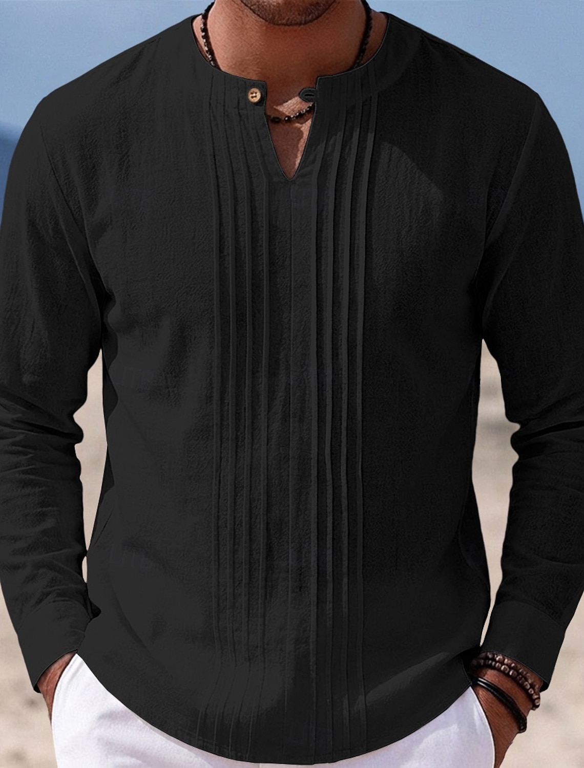 Men's Shirt Linen Shirt Summer Shirt Beach Shirt Solid Color Casual Vacation Blue Black White Khaki Long Sleeve Mandarin Collar Summer Spring Clothing Apparel Ruched