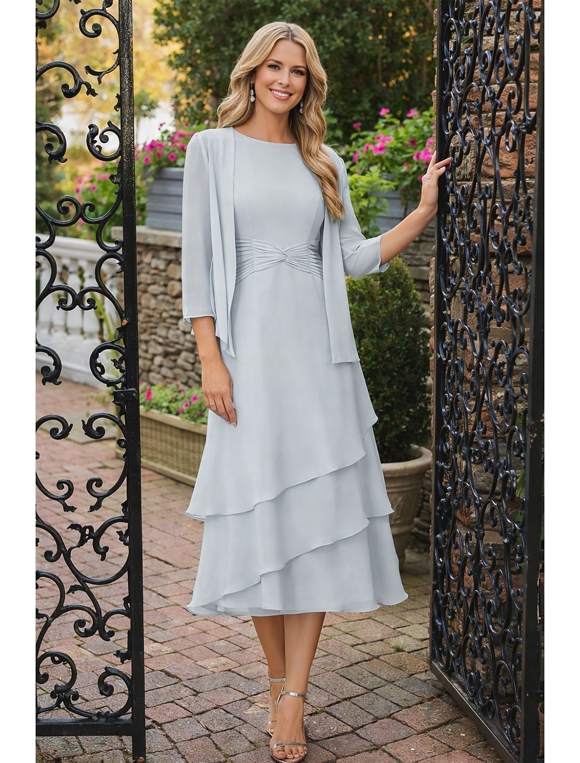 Two Piece Sheath Column Tea Length Wedding Guest Dress Mother of the Bride Dress 3/4 Length Sleeve Crew Neck Jewel Neck Elegant Wedding Guest Chiffon Wrap Included with Ruching
