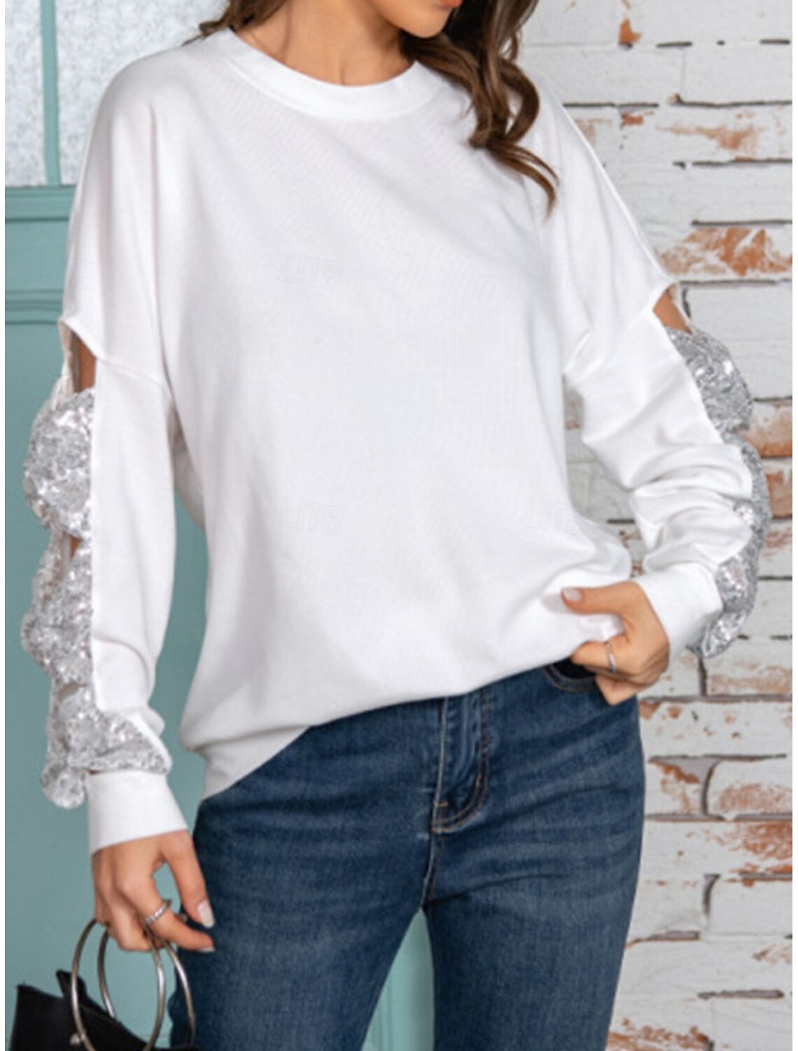 Women's Shirt Blouse Basic Casual Solid Color Regular Tops Long Sleeve Crew Neck Sequins Patchwork Bow Regular Fit Daily Fall Winter