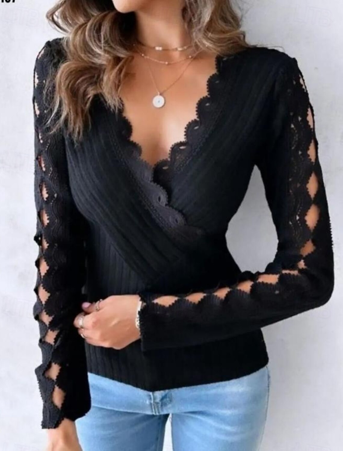 Women's Elegant Lace Tops Eyelet Blouse Stylish Modern Lace Long Sleeve Regular Tops V Neck Work Daily Romantic Petite Tops Summer Holiday Wear Red Light Grey Spring Fall