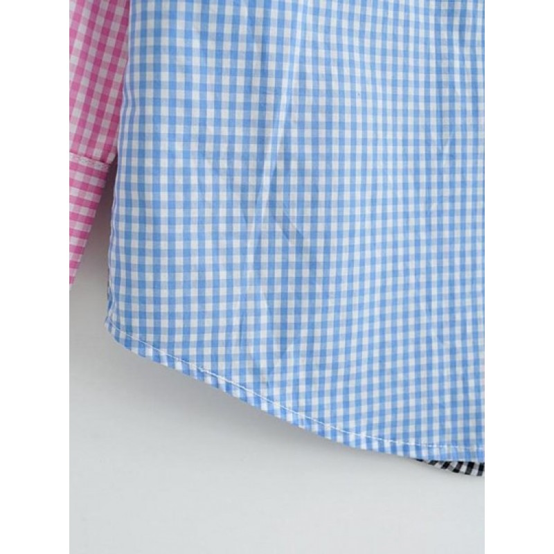 Colorblock Gingham Drop Shoulder Pocket Shirt KS8013