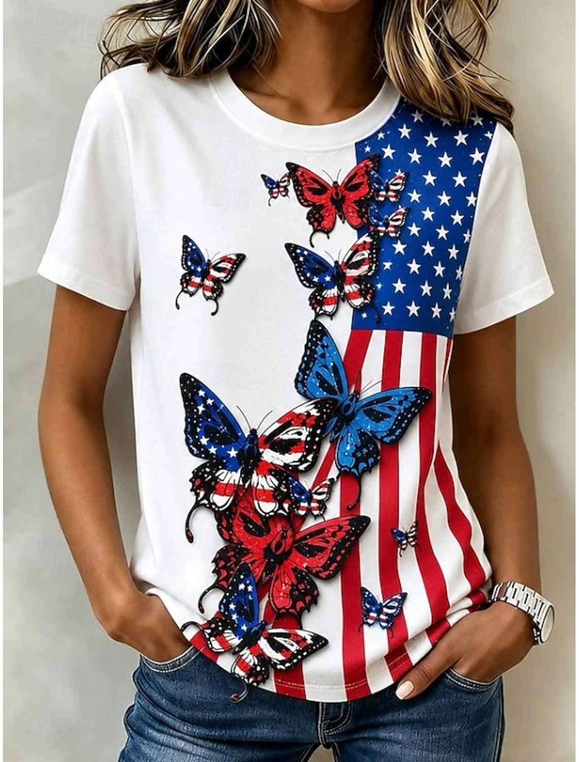 Independence Day American Anniversary Patriotic Women's T Shirt Print Graphic Flag Vintage Stylish Classic Short Sleeve V Neck Regular Tops Daily Red Summer Spring