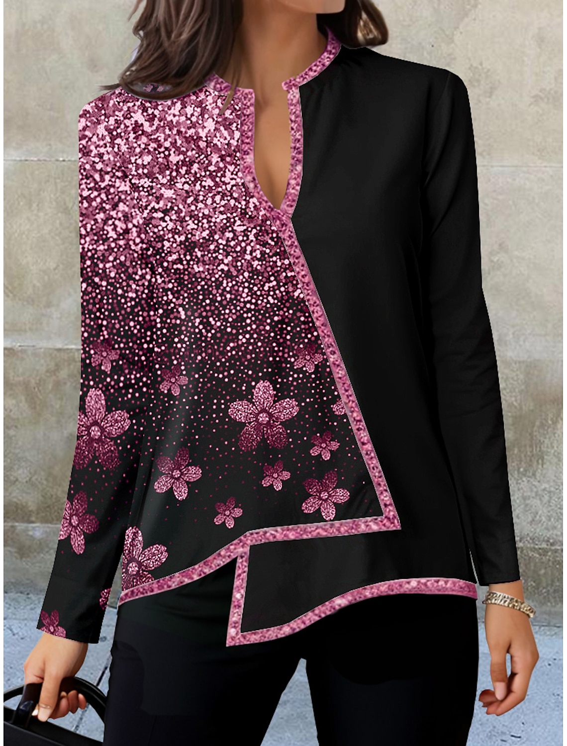Women's Shirt Blouse Fashion Floral Print Asymmetric Hem Long Sleeve Regular Tops V Neck Casual Holiday Fall & Winter