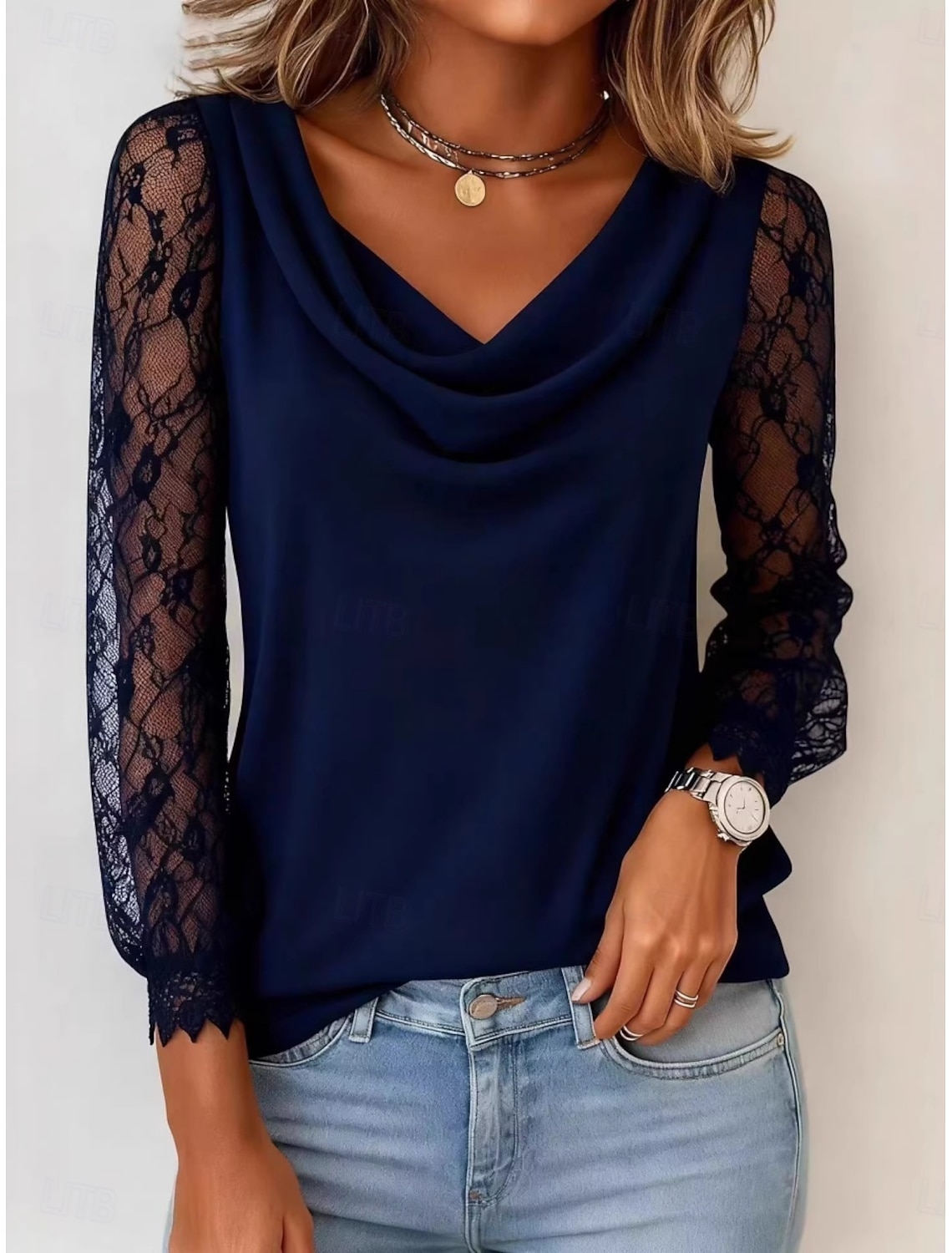 Women's Blouse Lace Patchwork Solid Color Elegant Stylish Casual Long Sleeve Cowl Neck Regular Tops Daily Black White Pink Wine Navy Blue Spring Fall Winter