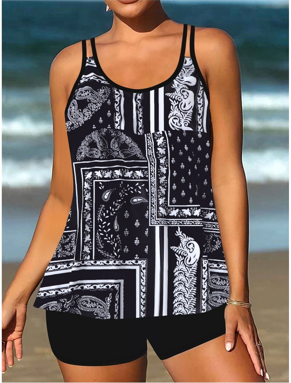 Women's Tankini 2 Piece Swimsuit Shorts Tummy Control High Waist Slim Backless Vacation Beach Wear Paisley Stripe U Neck Sleeveless Bathing Suits