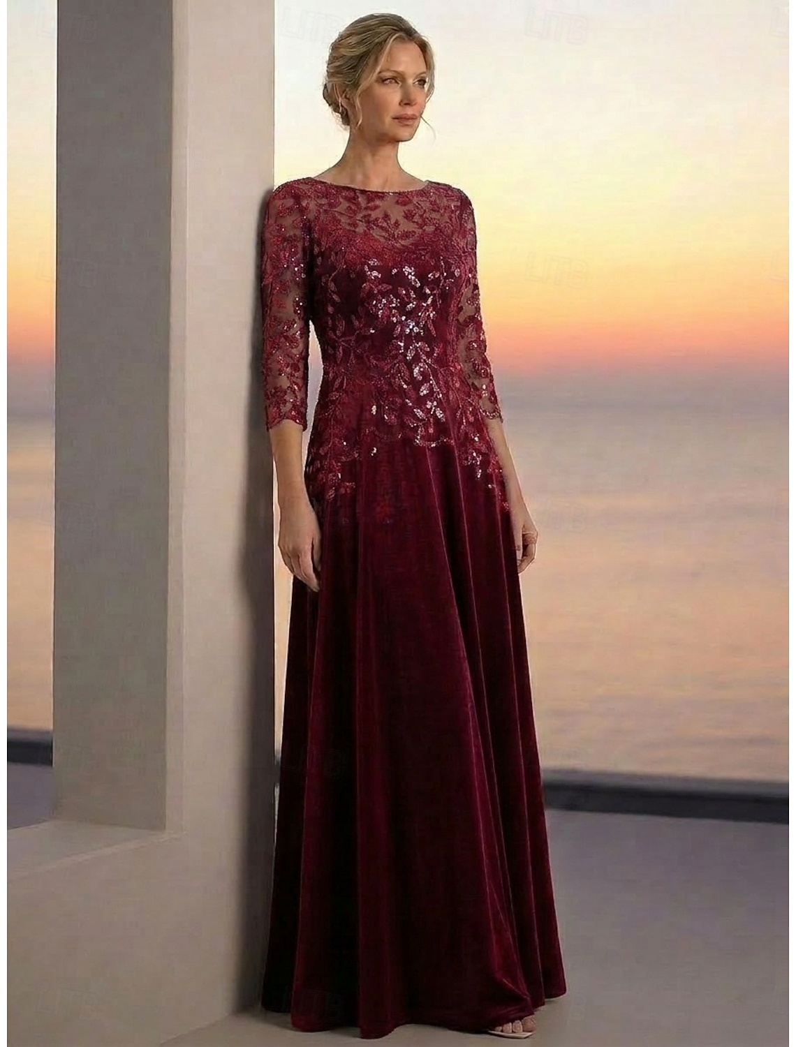 A-Line Dress Floor Length Ankle Length Cocktail Dress Mother of the Bride Dress Long Sleeve Illusion Neck Elegant Luxurious Sparkle & Shine Formal Wedding Guest Semi Formal Tulle Velvet with Beading
