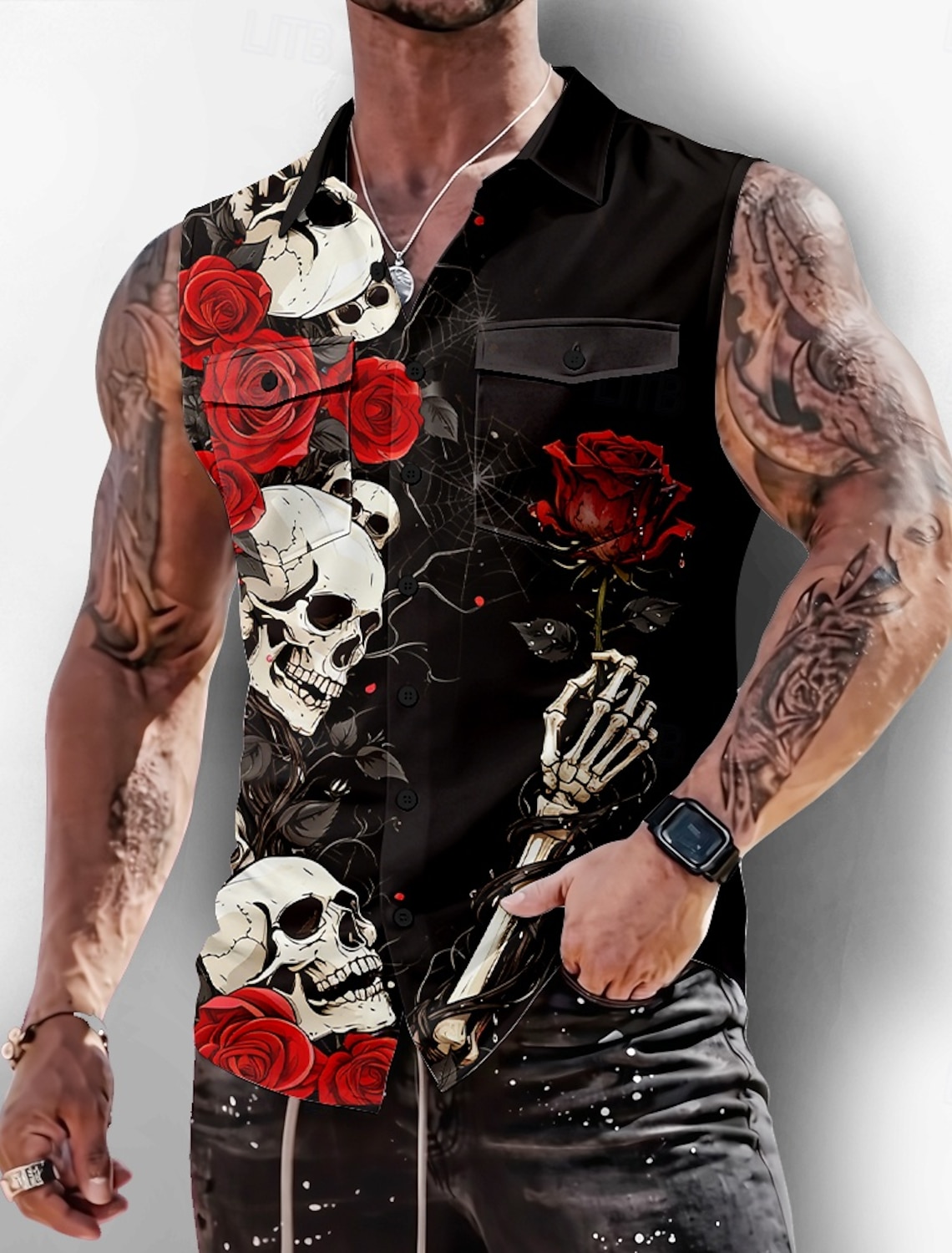 Men's Skeleton Rose Skulls Shirt Button Up Sleeveless Dark Gothic
