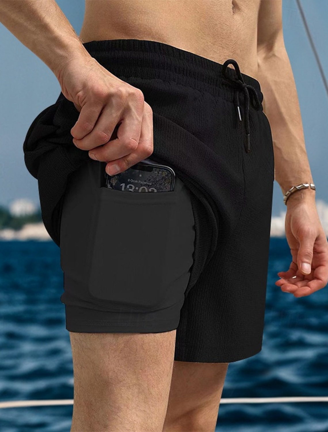Men's 2 in 1 Board Shorts Beach Shorts Running Shorts Casual Shorts Gym Shorts Drawstring Elastic Waist Straight Leg Plain Quick Dry Moisture Wicking Short Outdoor Casual Daily Vacation Sports Black