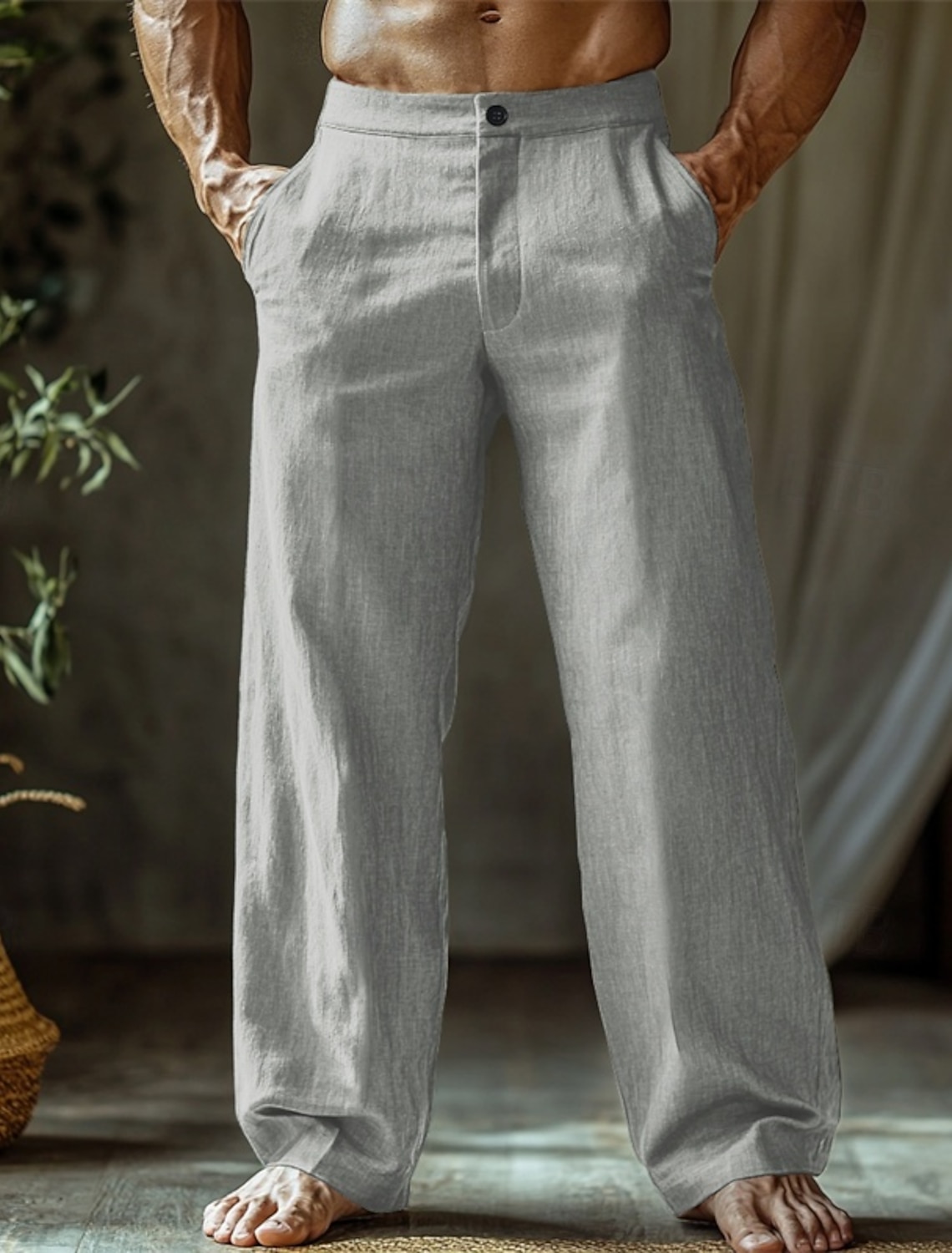 Men's Linen Pants Trousers Summer Pants Beach Pants Buttons Pocket Straight Leg Plain Comfort Breathable Vacation Daily Holiday Hawaiian Boho Black White