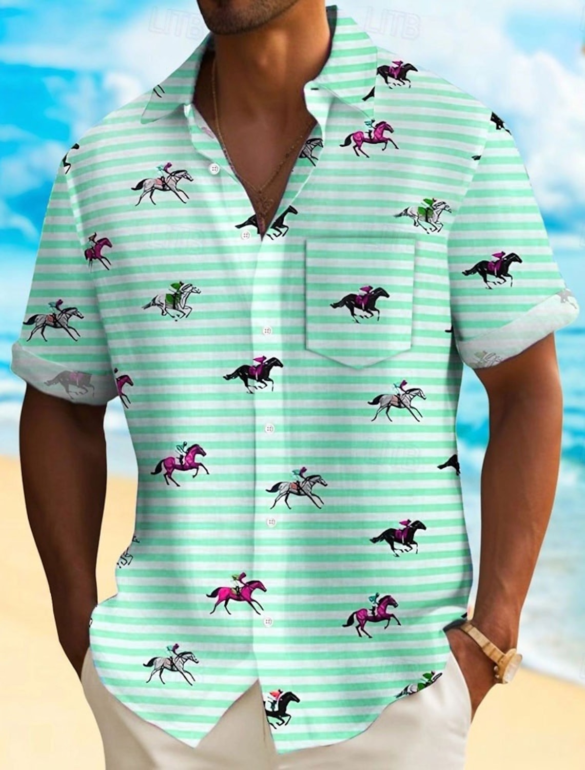 Kentucky Derby Men's Striped Horse Racing Shirt Casual Button Up Short