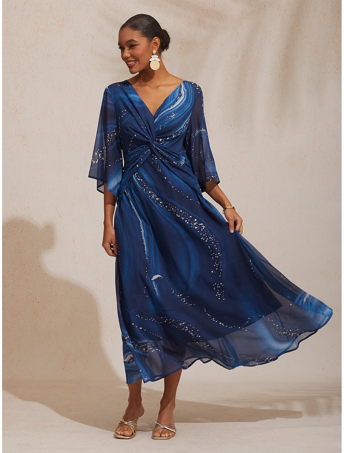 Women's Maxi Dress Blue Galaxy Gradient Print V Neck Front Twist Knot Three Quarter Flared Sleeves Travel Vacation