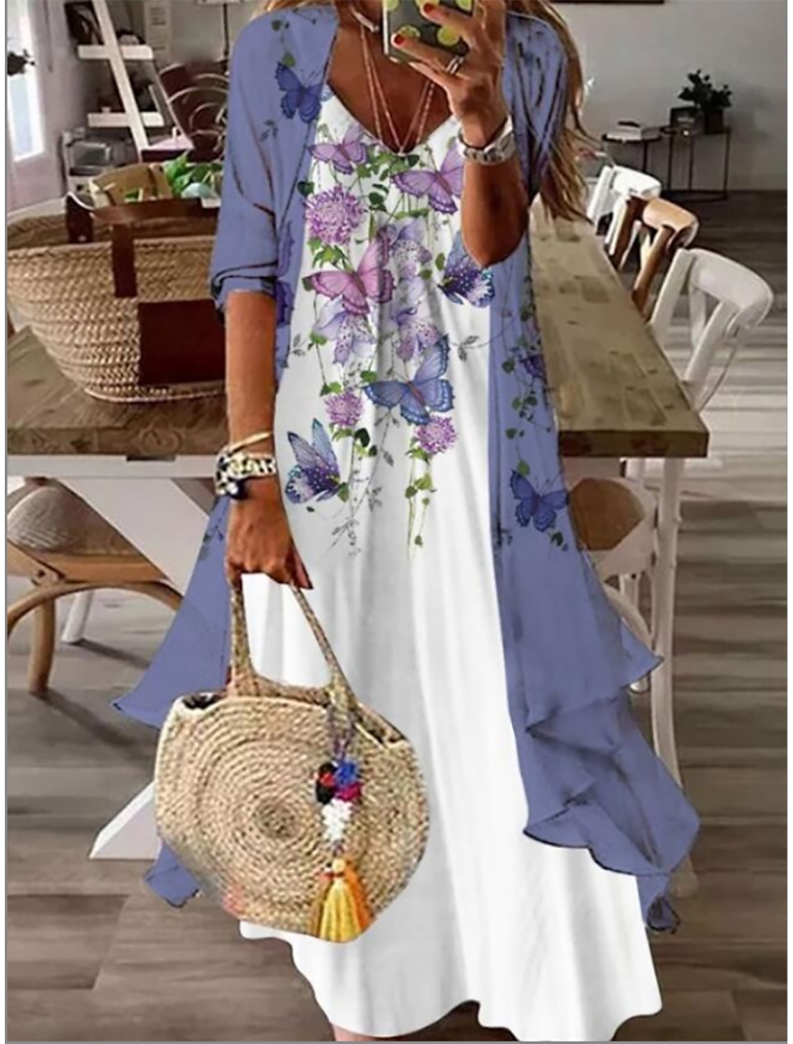 Women's Dress Set Casual Dress Print Dress Fashion Casual Floral Print Long Dress Maxi Dress 3/4 Length Sleeve V Neck Daily Outdoor Blue Pink Sky Blue Summer Spring Regular Fit