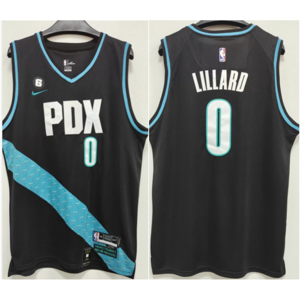 Men's Portland Trail Blazers #0 Damian Lillard 2022-23 Black With No.6 Patch City Edition Stitched Basketball Jersey