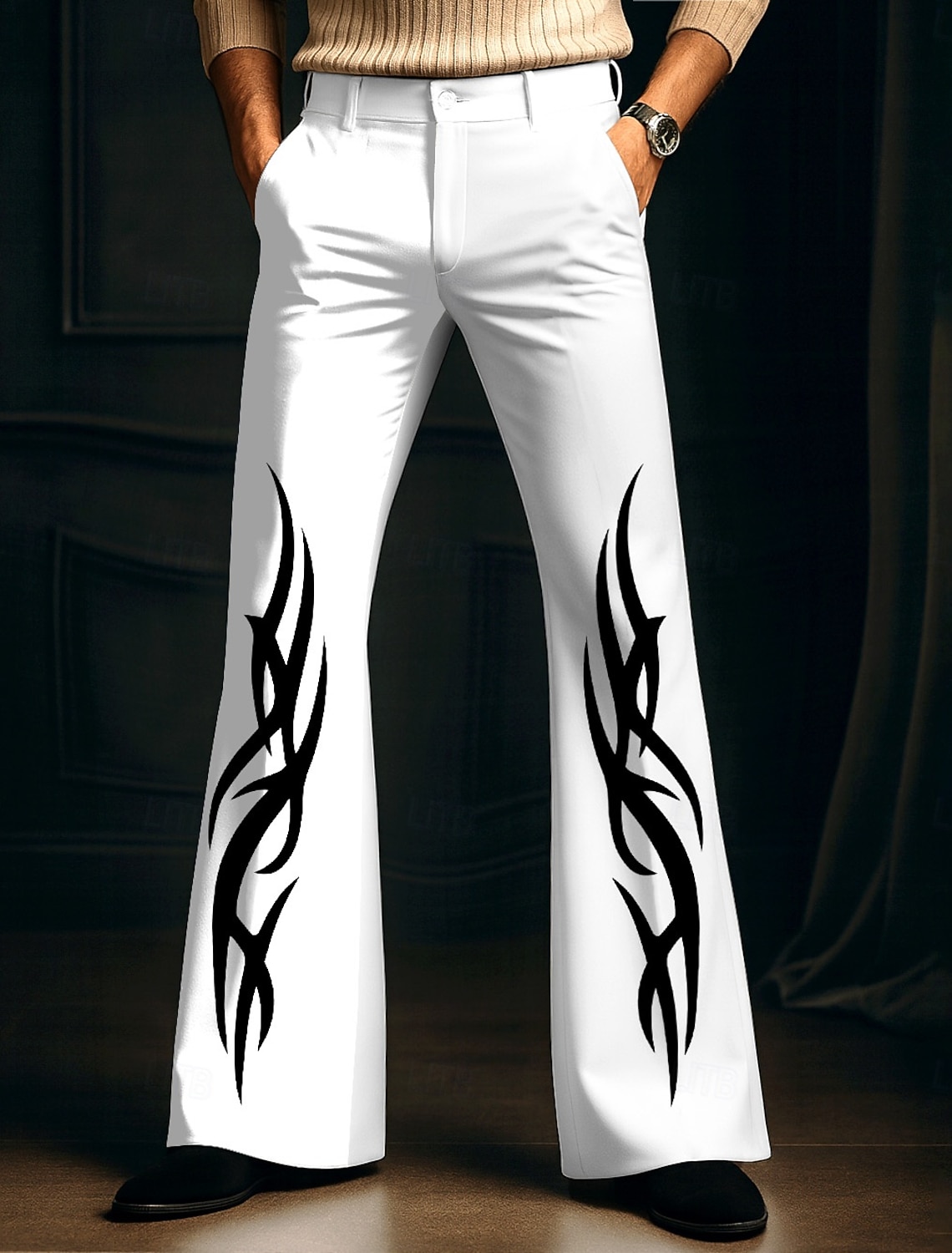 Men's Flame Disco Pants 60s 70s Bell Bottoms Mid Waist Vintage Retro Outdoor Party Casual Side Pockets Flared Leg Pants Trousers Spring Fall 3D Print Black White Red