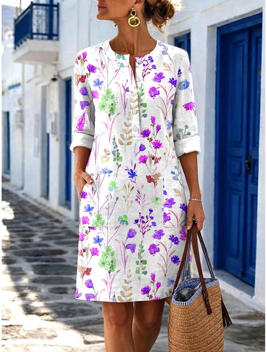 Women's Midi Dress Linen-feel Dresses Shift Dress Casual Daily Regular Fit Plain Long Sleeve Crew Neck Blue Black White Royal Blue Summer Spring Fall