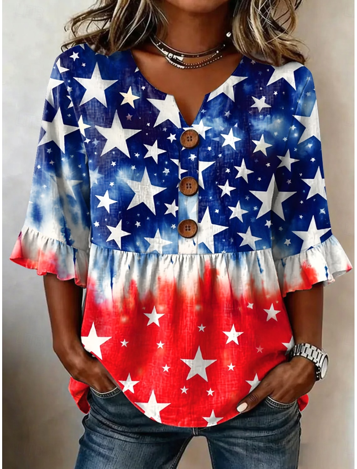 American Independence Day Women's Blouse Patchwork Buttons Print Graphic American Flag Vintage Stylish Half Sleeve V Neck Regular Tops Casual Daily Holiday Blue Red Summer Spring