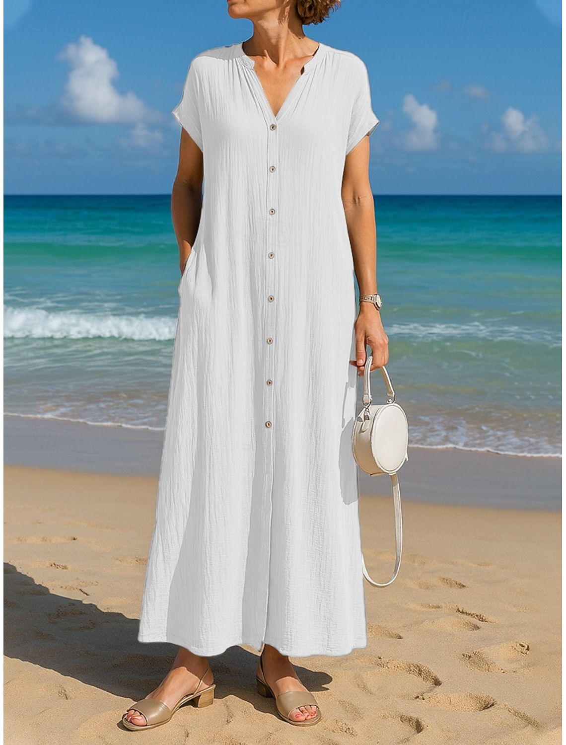 Women's Cotton Linen Maxi Dress A Line Dress Summer Dress Casual Daily Loose Fit Plain Short Sleeve V Neck Blue Black White Camel Summer