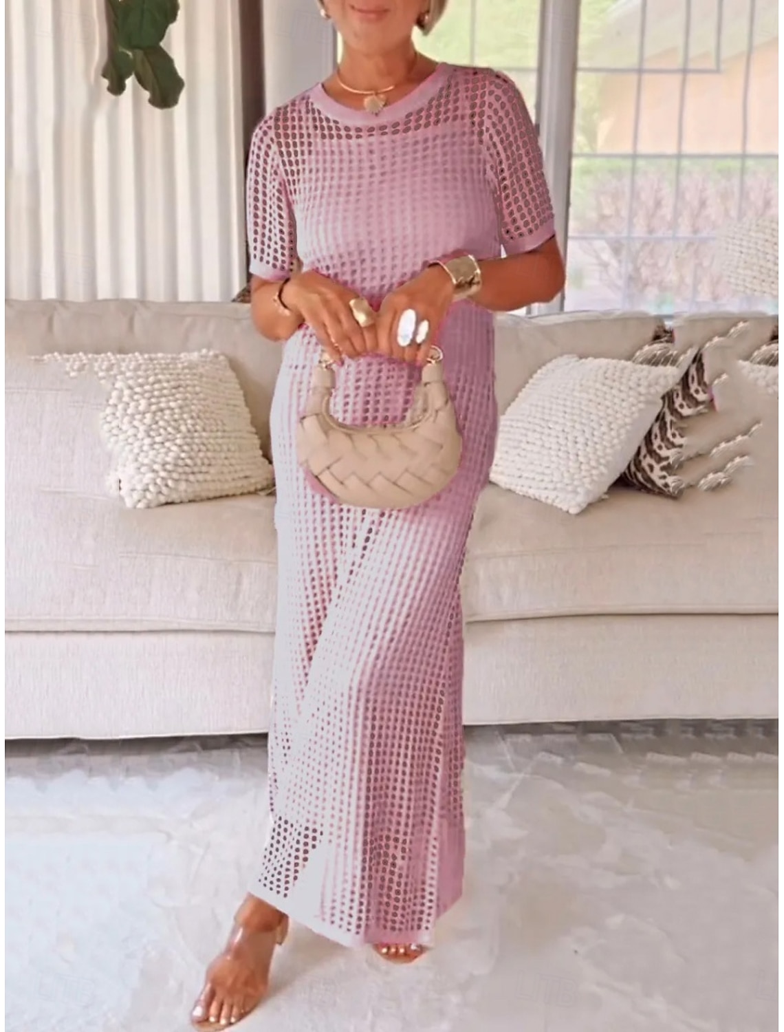 Women's Long Dress Maxi Dress Cut Out Dress Summer Dress Elegant Fashion Modern Outdoor Vacation Going out Regular Fit Plain Short Sleeve Crew Neck Black White Pink Purple Summer Spring