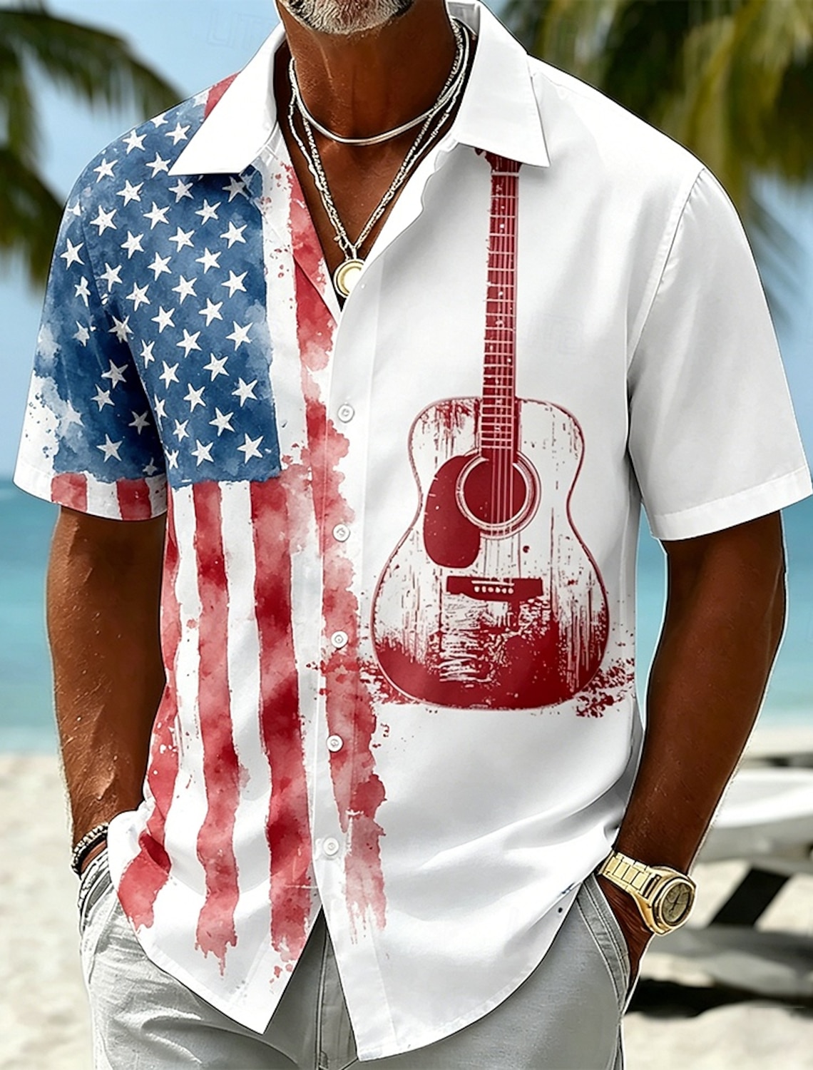 Men's 4th of July U.S. 250th Anniversary Guitar American Flag Shirt Summer Shirt Tropical Shirts Short Sleeve Patriotic Vacation Holiday Summer Spring Turndown 3D Print Button Up Shirts Blue Dark