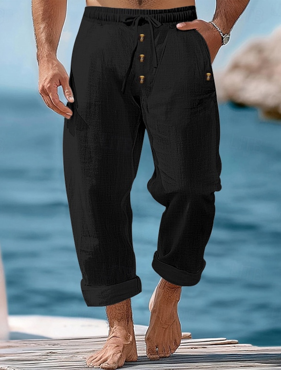 Men's Linen Pants Trousers Summer Pants Beach Pants Drawstring Elastic Waist Buttons Plain Comfort Breathable Full Length Casual Daily Holiday Vacation Fashion Khaki Black