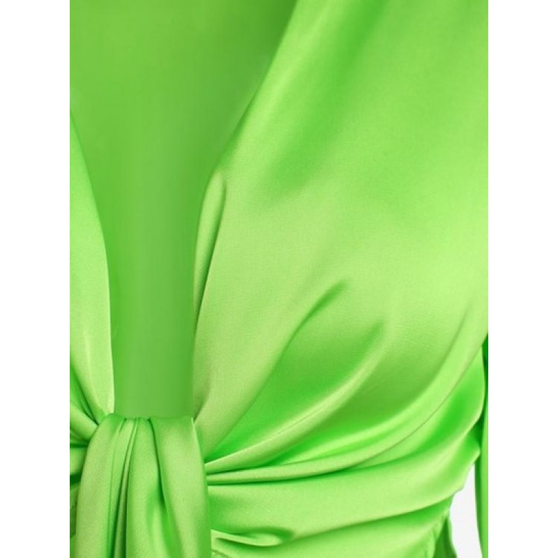 Feather Cuffs Tie Front Slit Crop Blouse LD1795