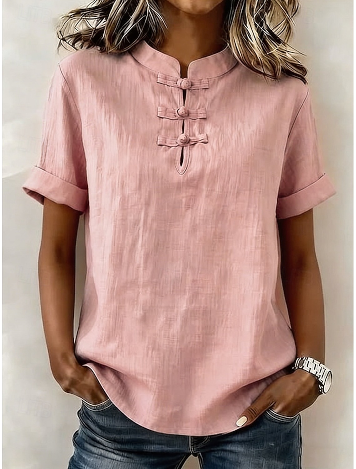 Women's Cotton Linen Shirts Blouse Stylish Short Sleeve Mandarin Collar Long Tops Blue White Pink Green khaki Summer Spring