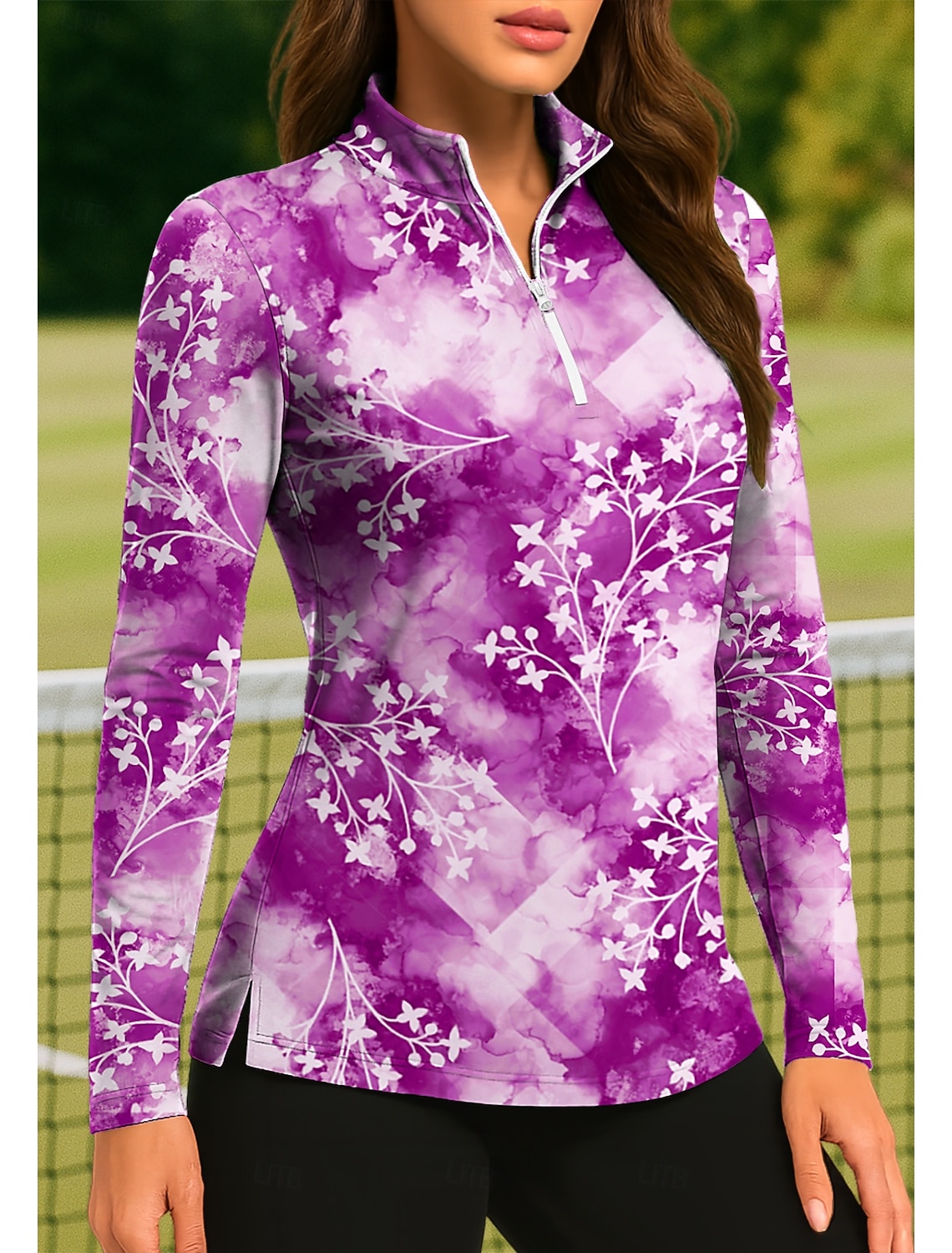 Women's Tie Dye Plants Tropical Floral Botanical Tops Golf Polo Shirt Tennis Shirt Tennis Tee Long Sleeve Print Quarter Zip Pullover UPF50+ UV Protection Elastic Breathable Tennis Golf Pickleball Zip