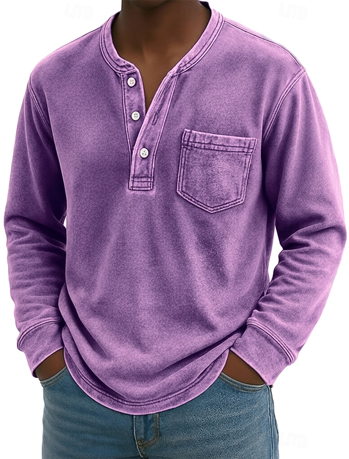 Men's Henley Shirt 100% Cotton Acid Wash T Tee Long Sleeve Vintage