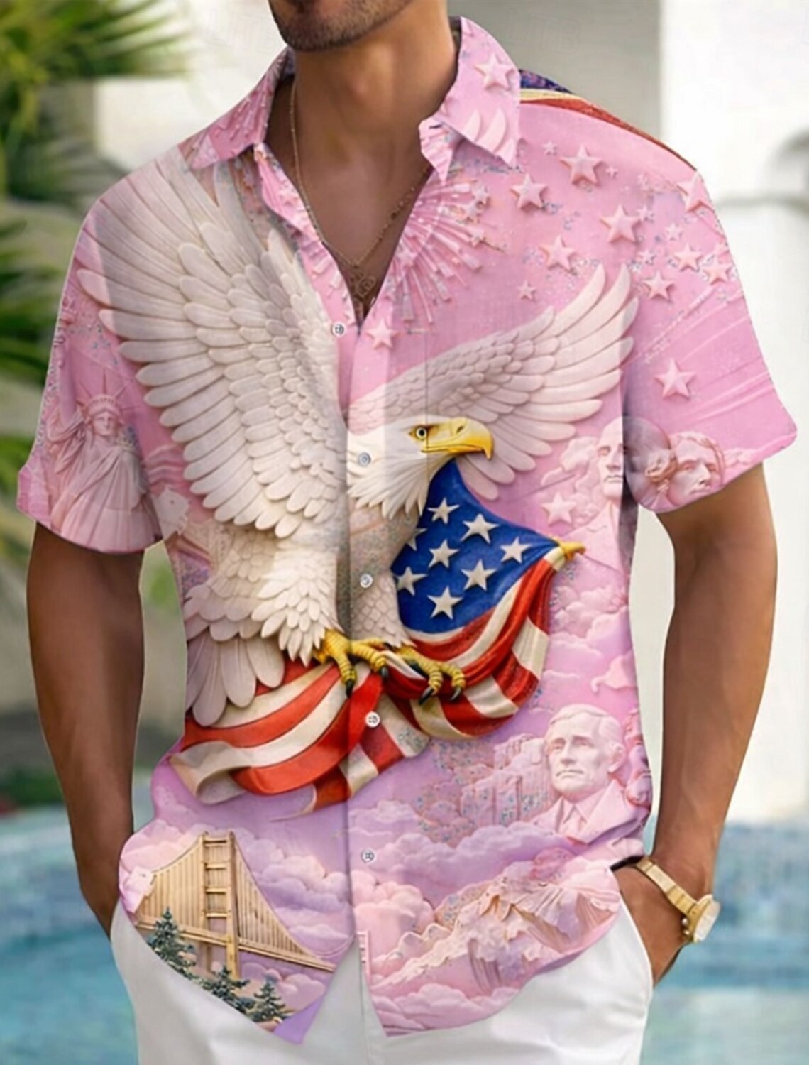 Men's Eagle US Flag America's 250th Anniversary Shirt Summer Shirt Button Up Shirt Short Sleeve Patriotic Outdoor Holiday Summer Spring Turndown 3D Print Collared Shirts Front One Pocket Blue Pink