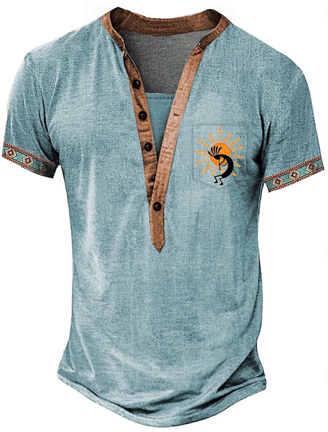 Men's Tribal Ethnic T Shirt Henley Tee Short Sleeve Designer Basic