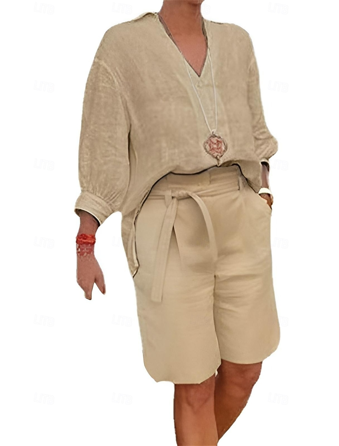 Women's 100%cotton Shirt Cotton Linen Sets Two Piece Sets Beach Shorts Short Sleeve V Neck Solid Color Drawstring Fashion Streetwear Daily Wear Date Blue Khaki Gray Summer Regular Fit
