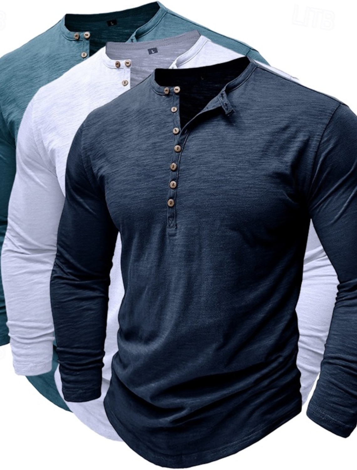 3pcs Men's Henley Shirt Tee Top Long Sleeve Solid Color Fashion Daily