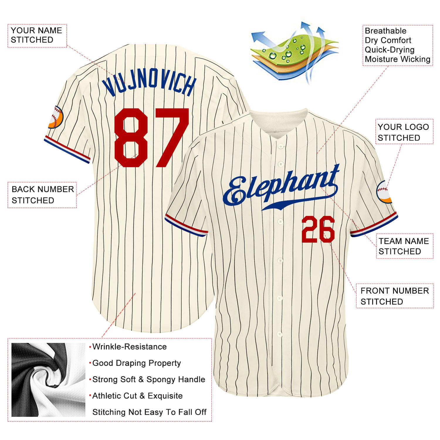Custom Cream Black Pinstripe Red-Royal Authentic Baseball Jersey