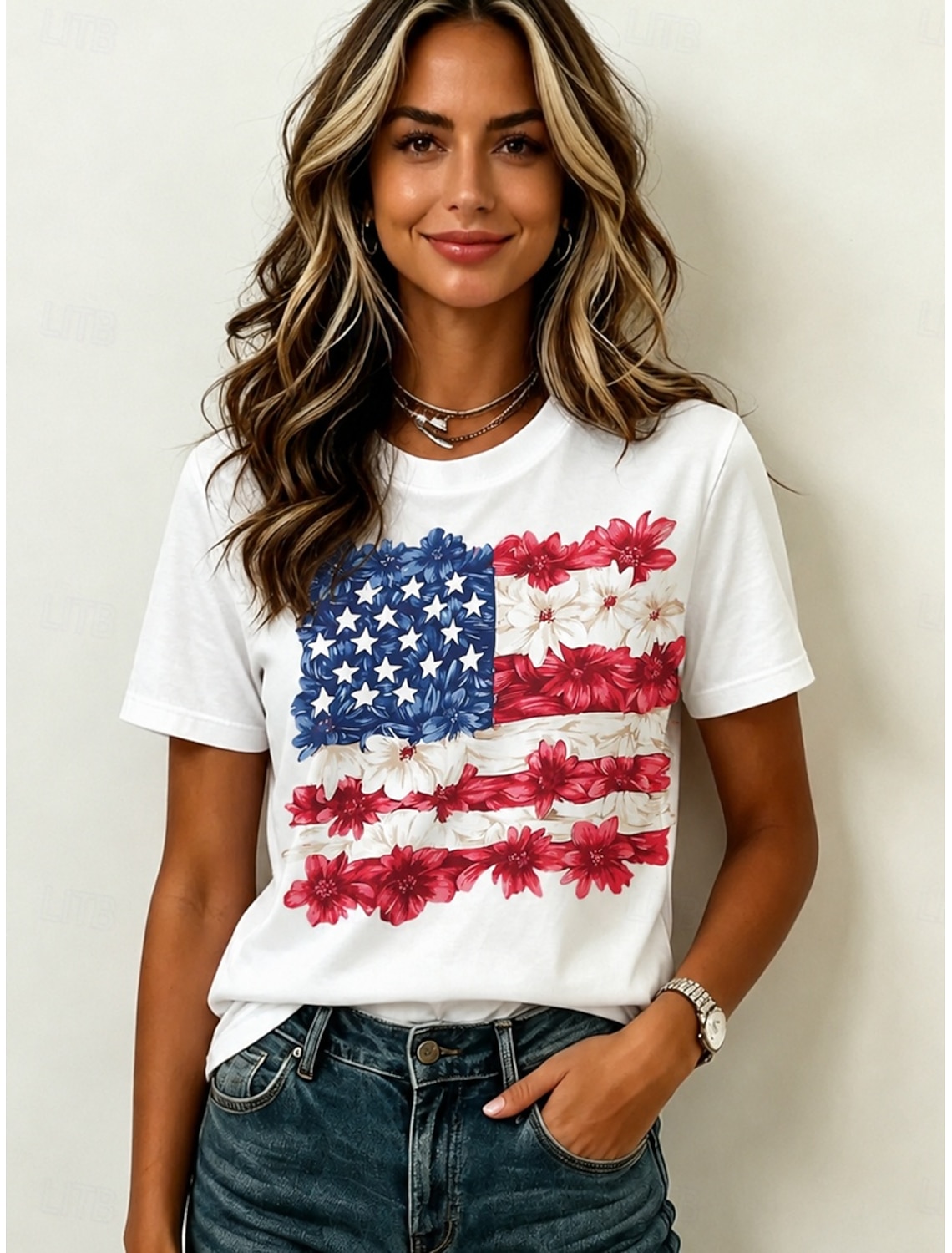 American Independence Day Women's Blouse Patchwork Buttons Print Graphic American Flag Vintage Stylish Half Sleeve V Neck Regular Tops Casual Daily Holiday Blue Red Summer Spring