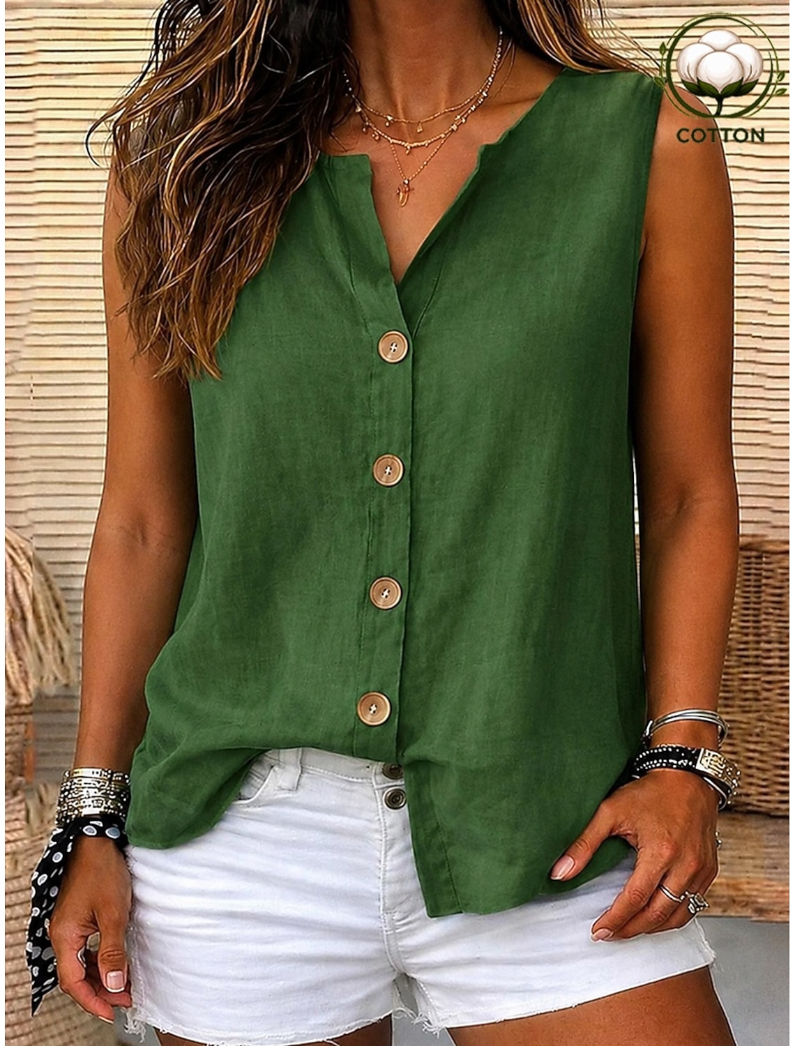 Women's Cotton Linen Blouse Buttons Solid Color Vacation Daily Casual Sleeveless 3/4 Length Sleeve V Neck Regular Tops Casual Daily Going out Khaki Red Orange Green Summer Spring Fall