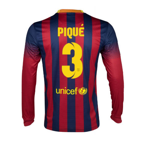 13-14 Barcelona 3 Pique Home Long Sleeve Soccer Jersey Shirt -