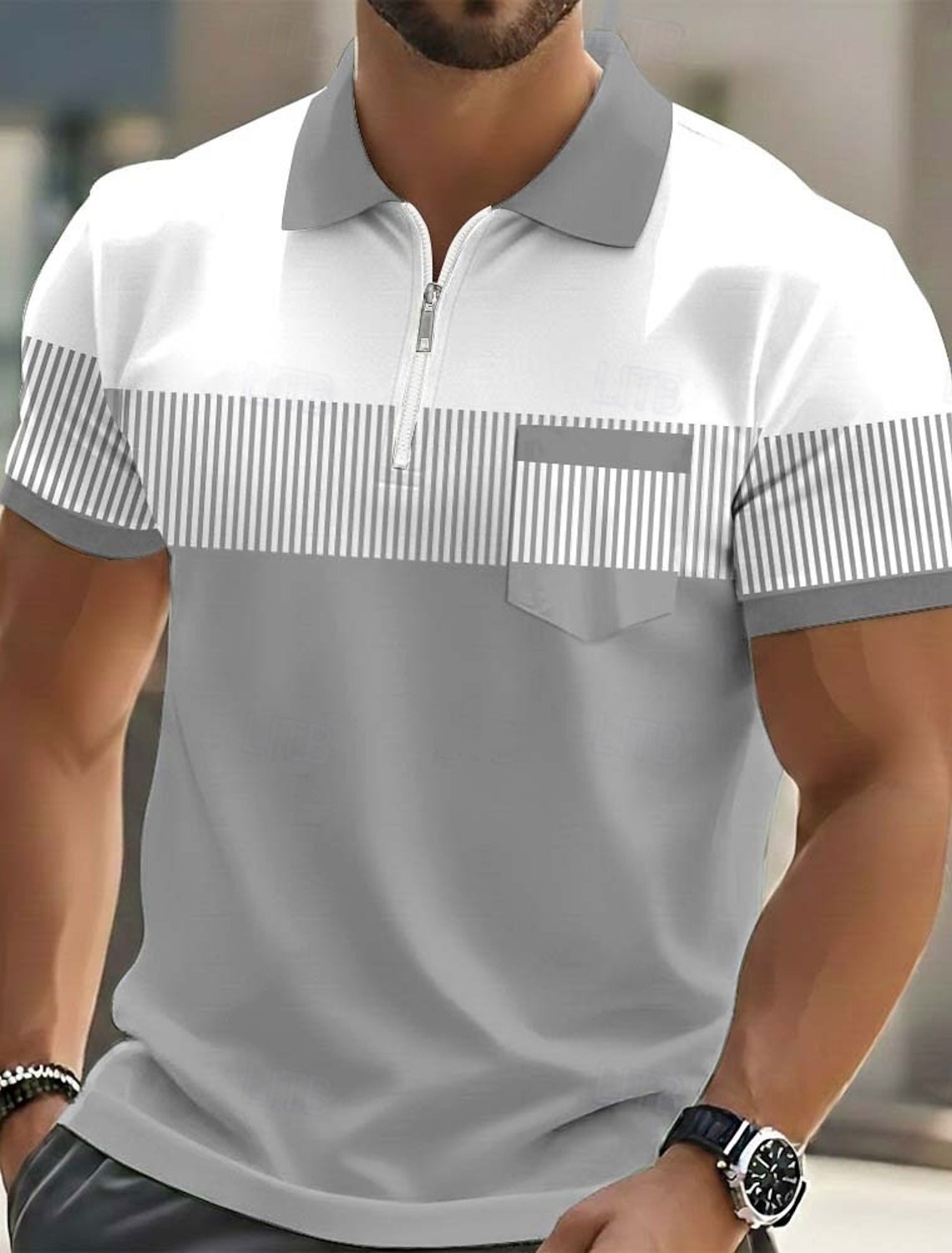 Men's Striped Polo Shirts Short Sleeve Polo Shirts Lapel Casual Outdoor Holiday Daily Wear Pocket 3D Print Summer Blue Purple Green
