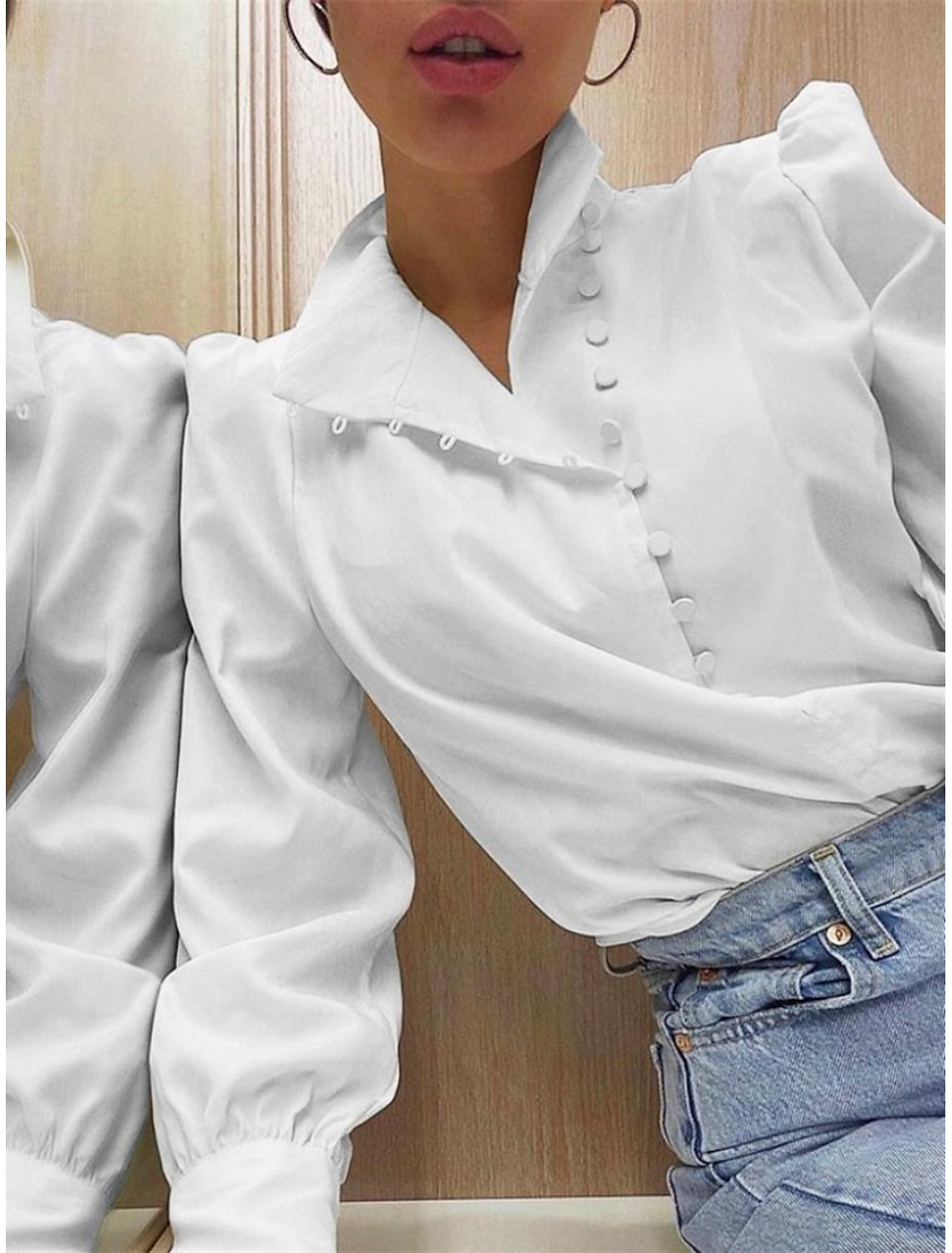Women's Shirt Blouse Stylish Casual Solid Color Regular Tops Long Sleeve High Neck Buttons Regular Fit Daily Summer Spring