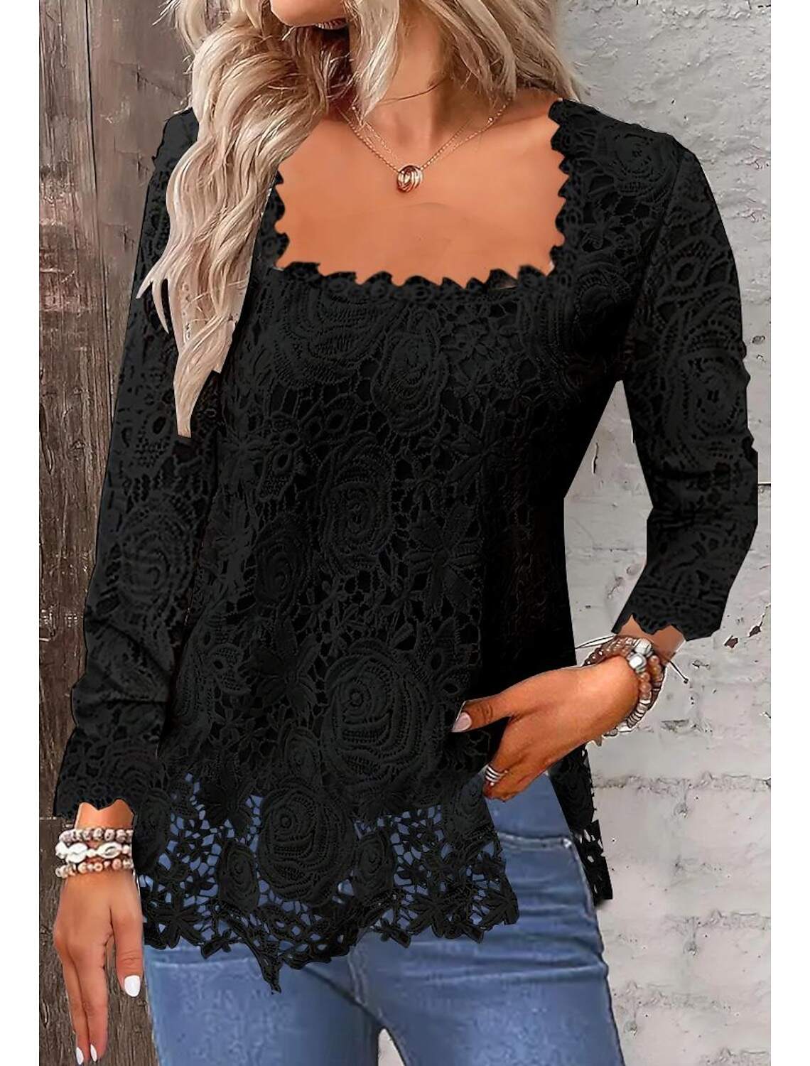 Shirt Lace Shirt Blouse Eyelet top Women's Plain Lace Street Daily Fashion Square Neck Regular Fit S