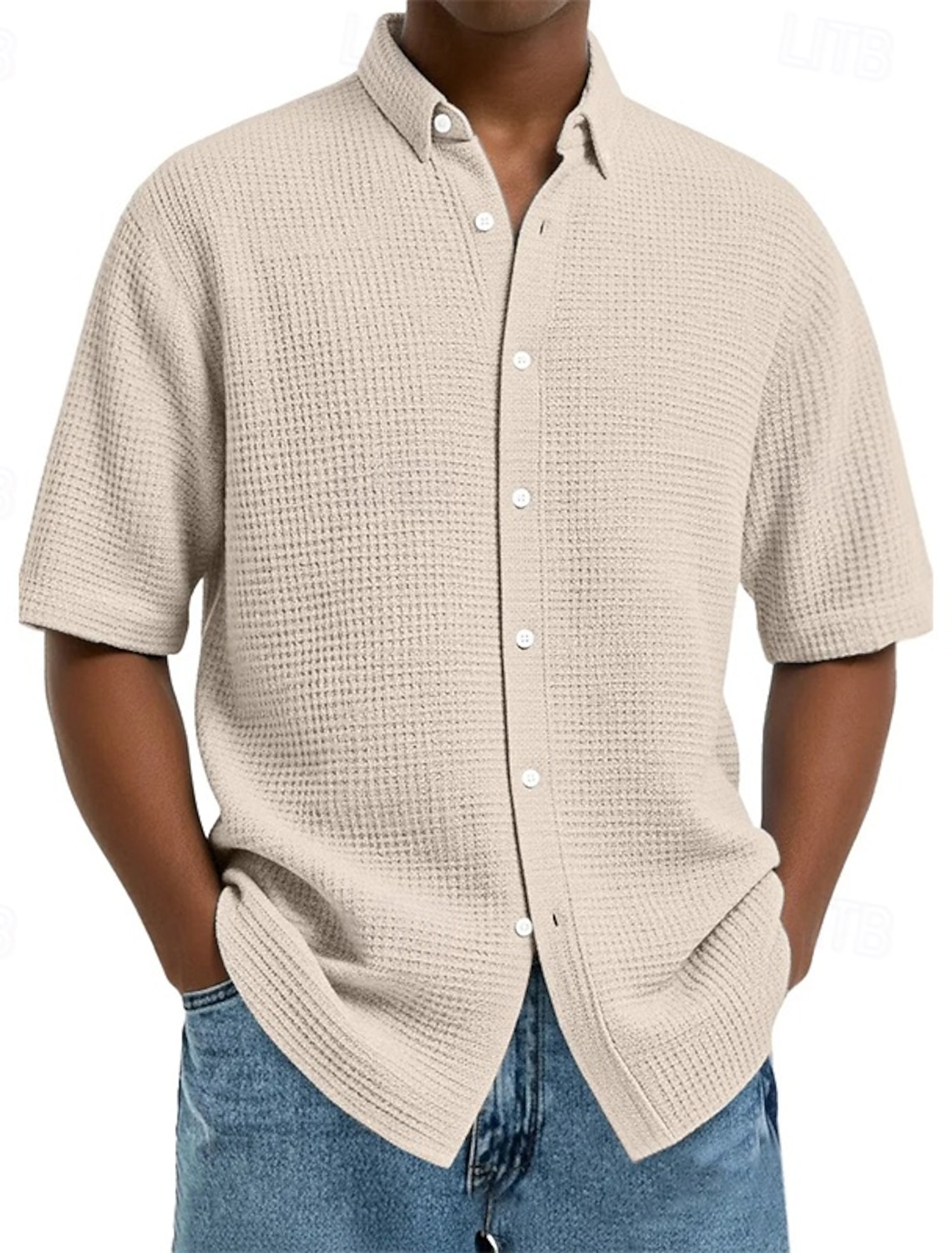 Men's Shirt Waffle Texture Casual Button Up Black White Wine Navy B #1