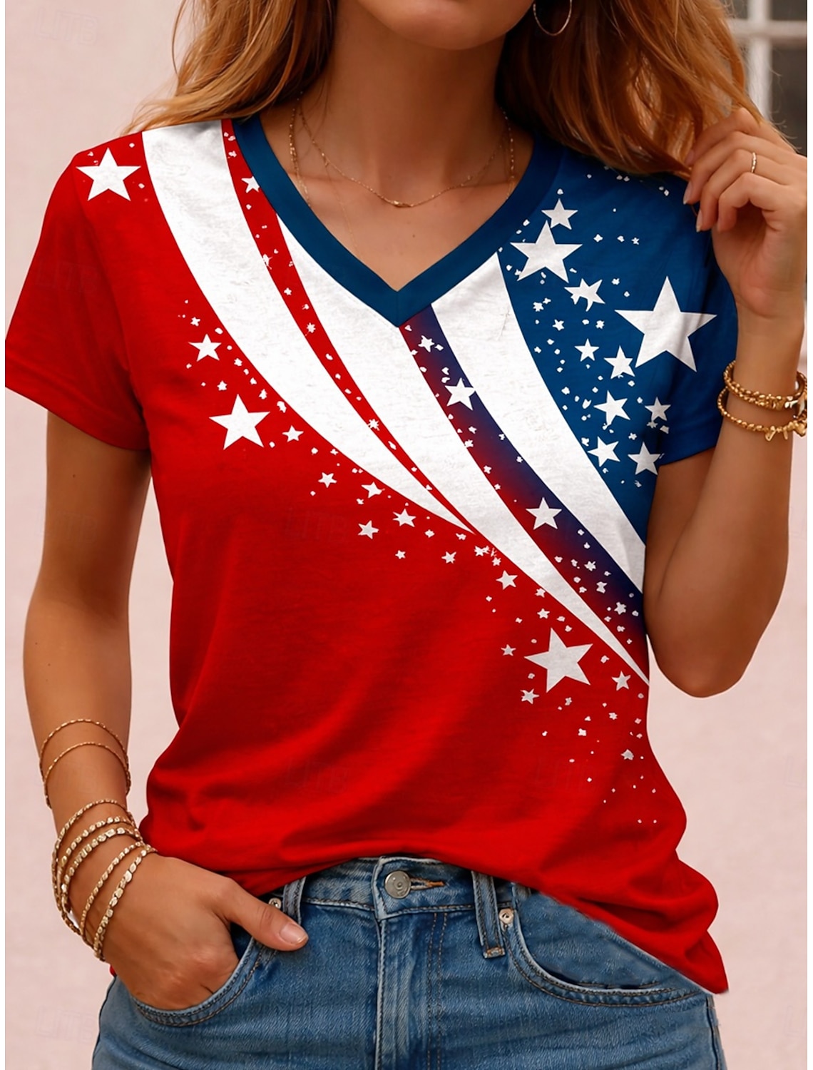American Independence Day Women's T Shirt Print Graphic Flag Vintage Stylish Classic Short Sleeve V Neck Regular Tops Daily Blue White Red Summer Spring