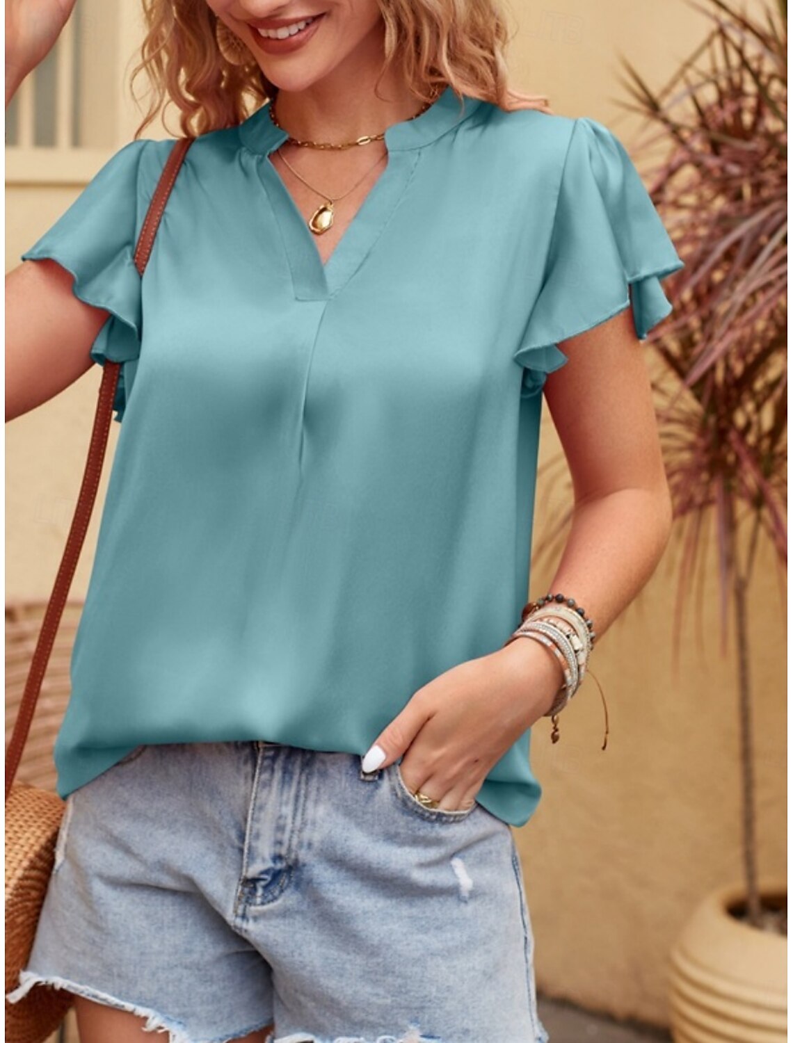 Women's T Shirt Fashion Modern Formal Plain Regular Tops Short Sleeve V Neck Ruffle Regular Fit Formal Wear Summer